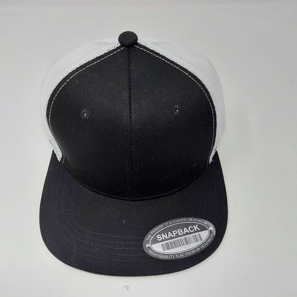 Blank Black White Mesh Trucker Hat Snapback Flat Bill Adjustable Cap